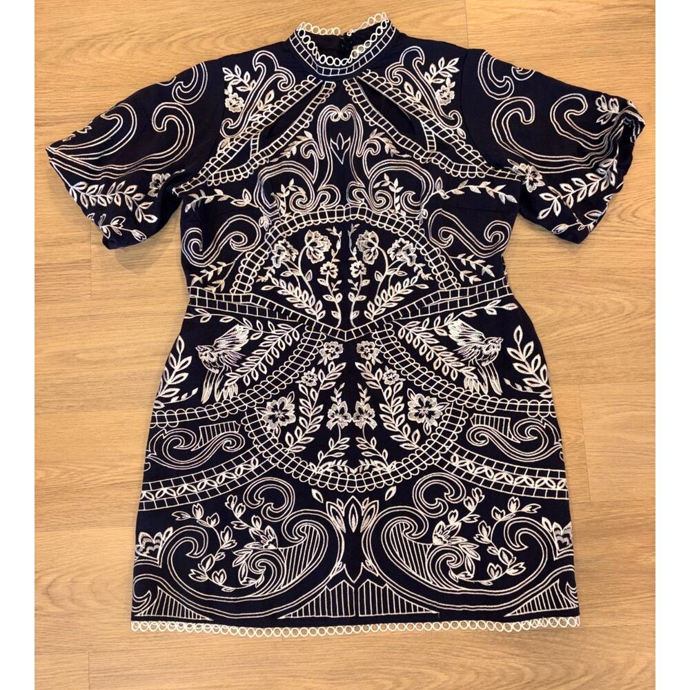 Asos navy blue embroidered puff sleeve dress with cut outs womens size 16